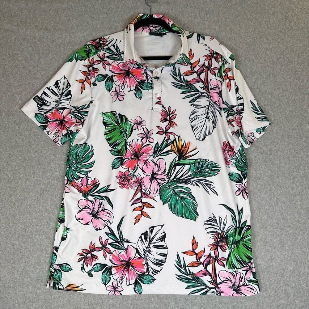 Sunday Swagger Mens Size Large Golf Polo Shirt White Floral Hawaiian Tropical